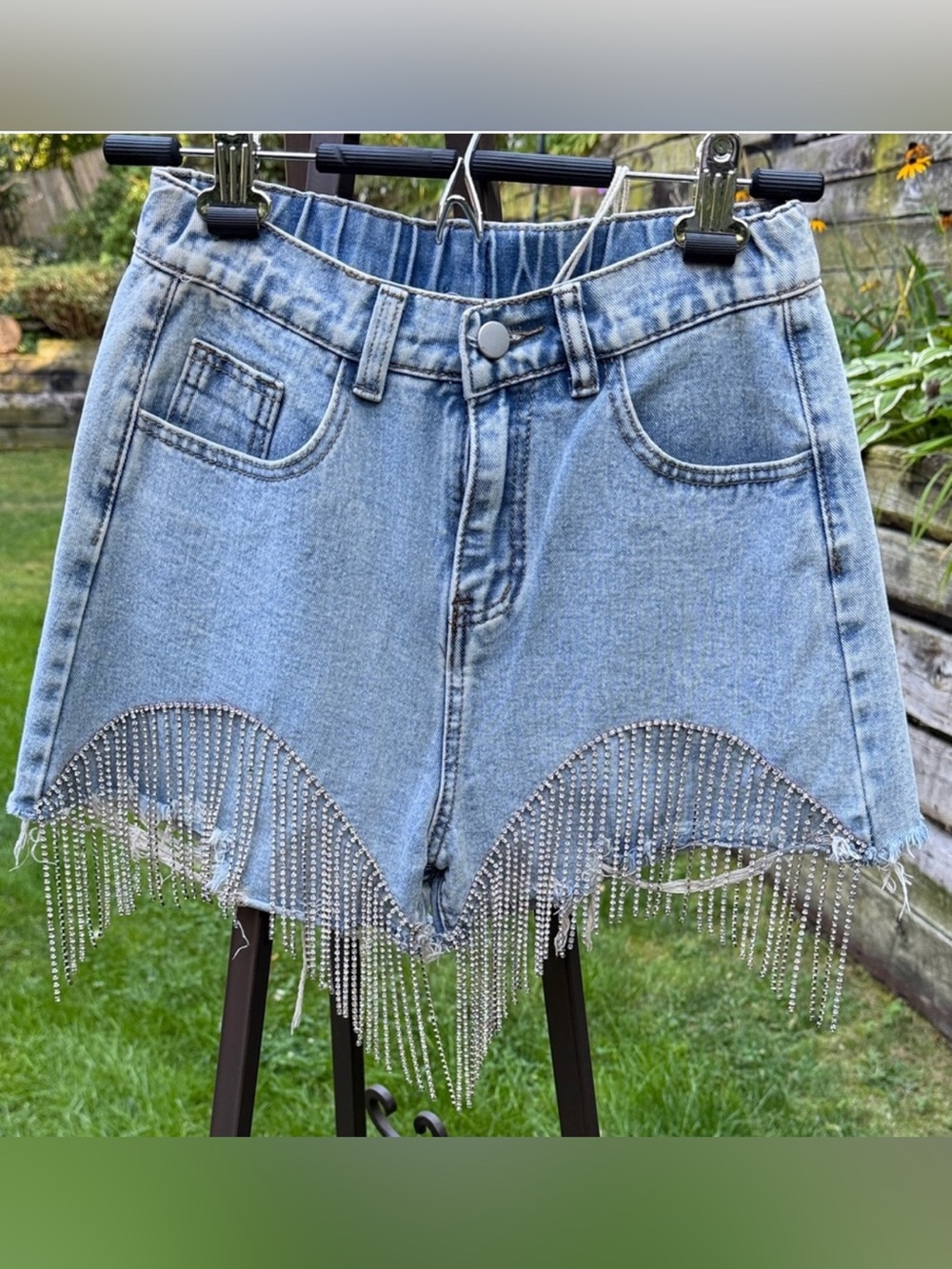 Savana Jane Shorts Light Blue Acid-Wash Denim Jean Shorts with Rhinestone Fringe